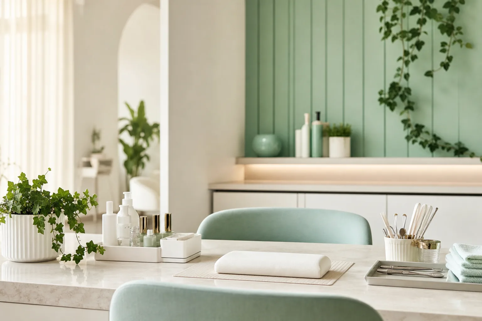 A serene mint and ivory manicure station at Ivy Nails Salon